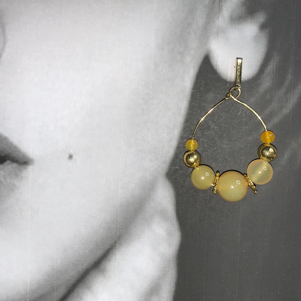 Dangle Hoop Earrings with Yellow Semi Precious Beads Dyed Agate and gold beads